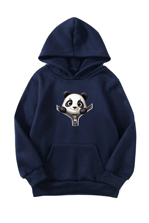 Unisex Oversize Hooded Winter Zippered Panda Printed Hooded Sweatshirt - Navy Blue