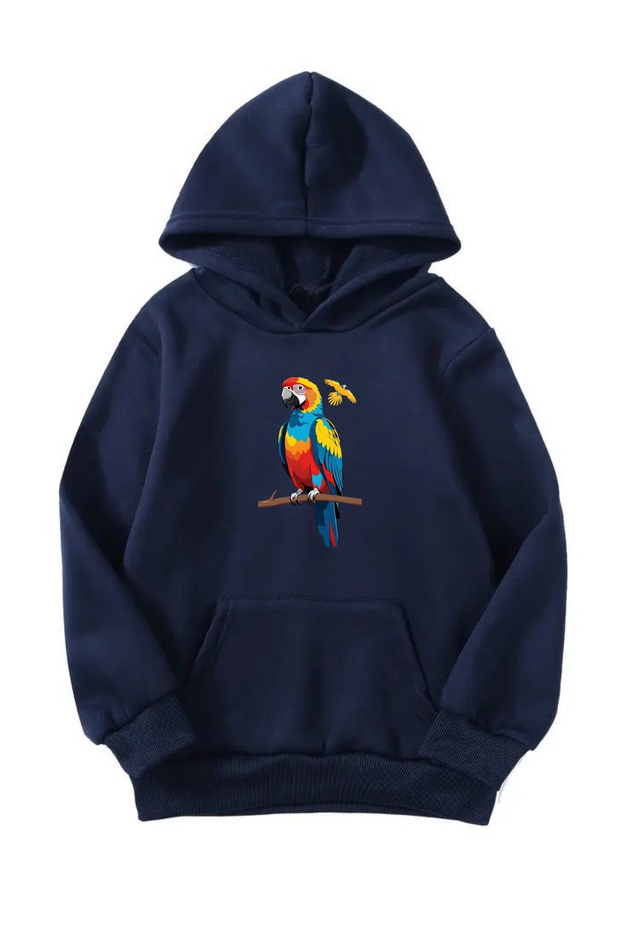 Unisex Oversize Hooded Winter Parrot Printed Hooded Sweatshirt - Navy Blue