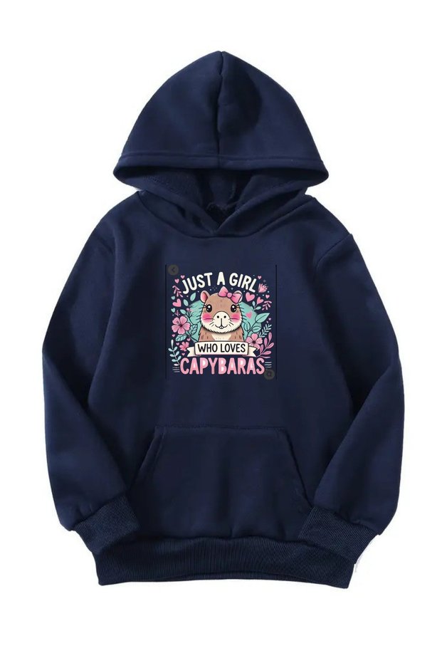Unisex Oversize Hooded Winter Just a Girl Printed Hooded Sweatshirt - Navy Blue