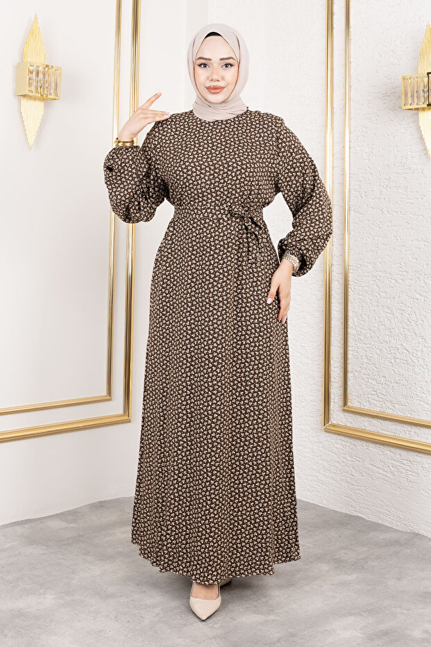 Crisp Patterned Viscose Long Hijab Dress Tsd250210 Brown
