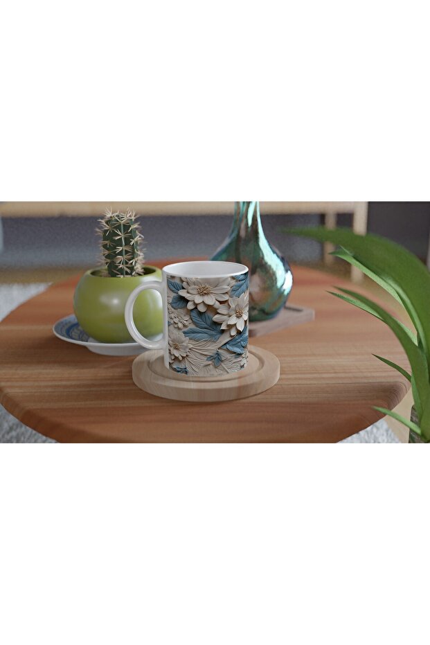 كوب منقوش على شكل زهرة أوراق زرقاء - 4