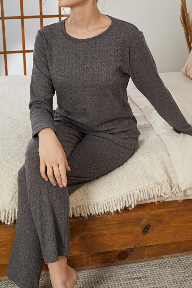 antrasit Şardonlu Kışlık Örme Pijama Takım25226002 - 1