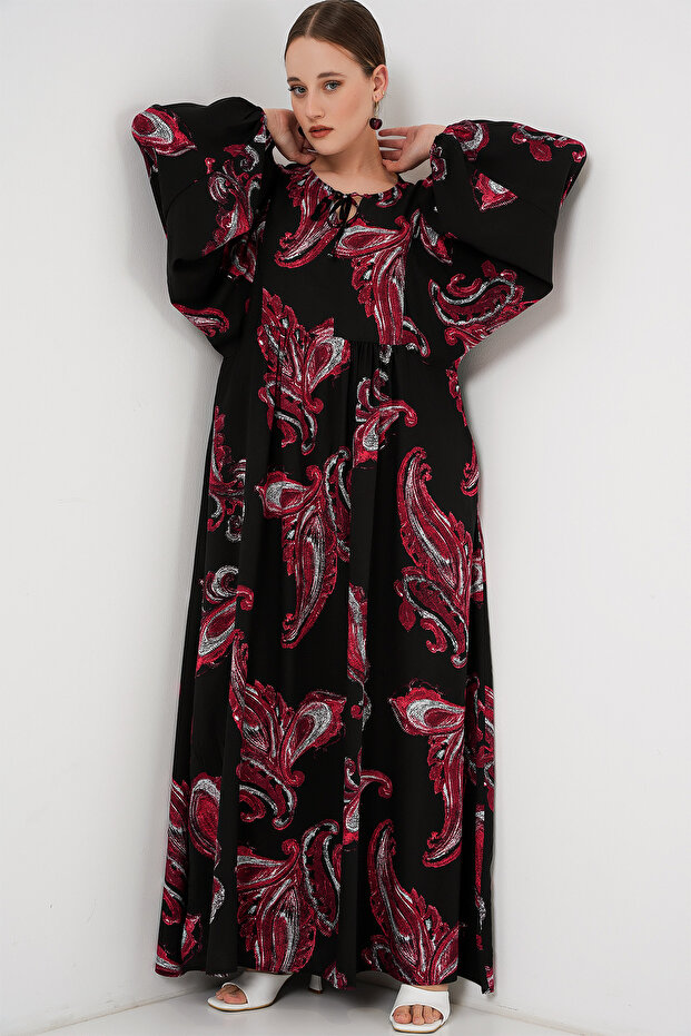 Women's Balloon Sleeve Long Hijab Dress Y.Red 1124