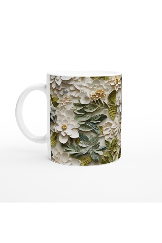 White Floral Natural Leaf Patterned Mug