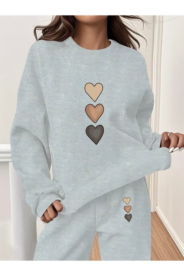 3-Piece Heart Printed Unisex Oversize Circle Neck Bottom/Upper Tracksuit Set