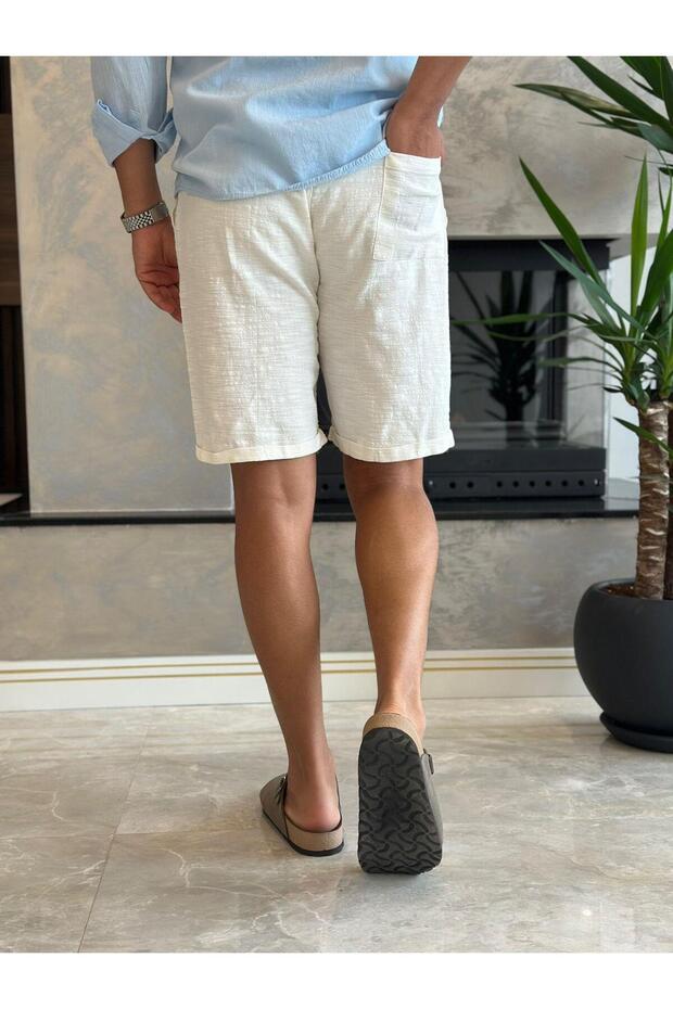 Erkek Beli Bağcıklı Relaxed Fit Keten Şort Krem Eca027 - 6