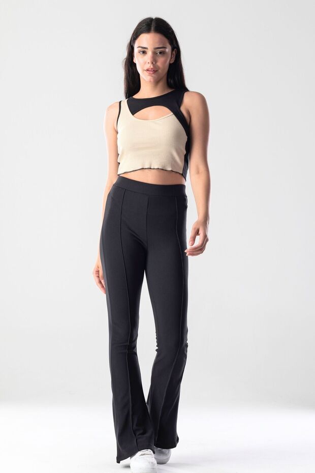 Siyah İspanyol paça Toparlayıcı Dikiş Detaylı Örme Tayt Pantolon - 5