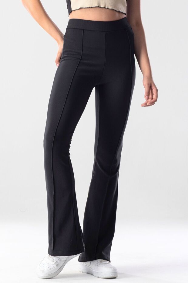 Siyah İspanyol paça Toparlayıcı Dikiş Detaylı Örme Tayt Pantolon - 1