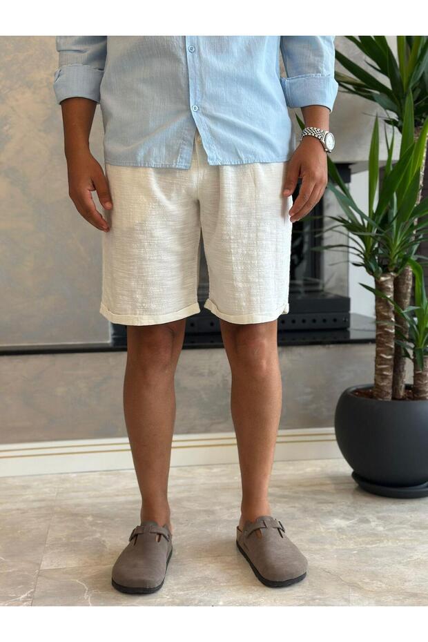 Erkek Beli Bağcıklı Relaxed Fit Keten Şort Krem Eca027 - 3