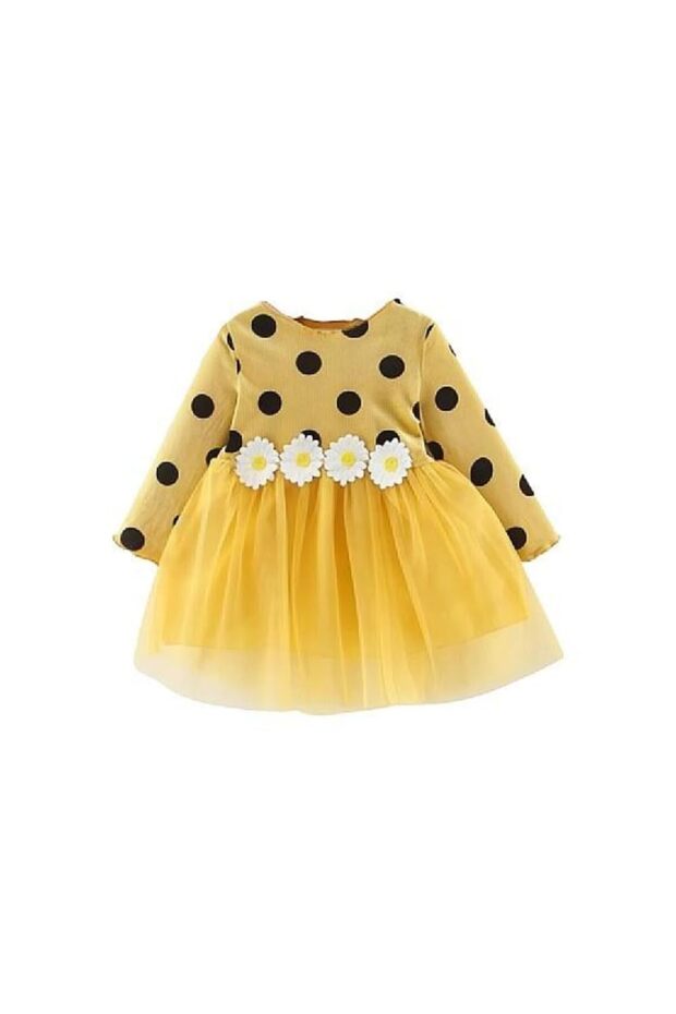 Baby Girls’ Polka‑Dot Daisy Tulle Party Dress | 9-12 Months | Mustard Yellow | Cotton | Soft