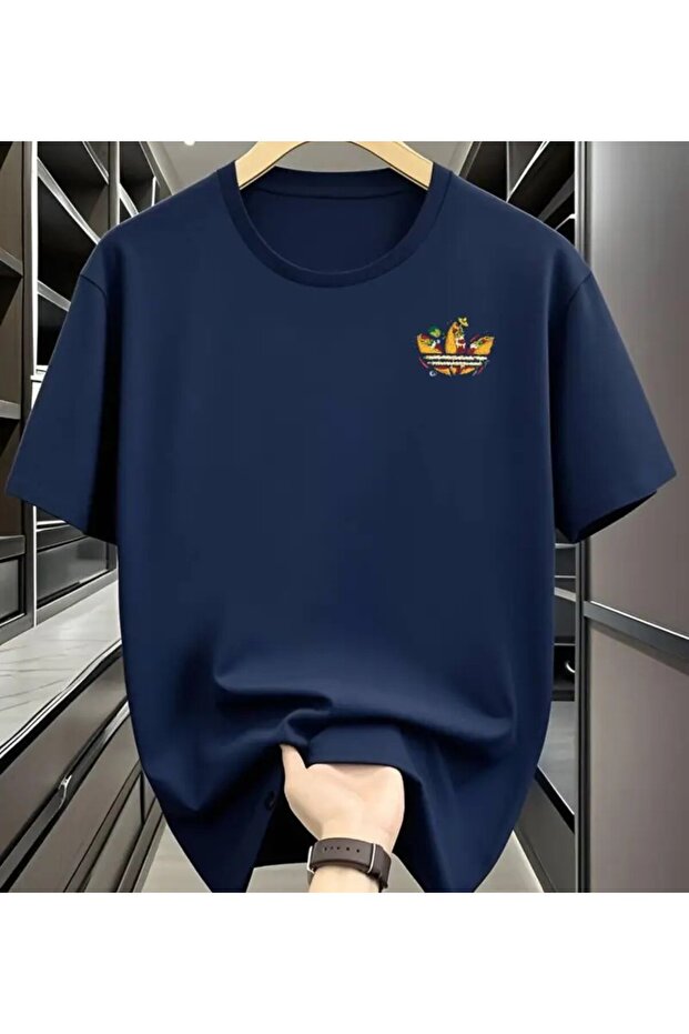 Colorful Leaf Chest Printed Cotton Combed Cotton Round Neck Navy Blue T-Shirt