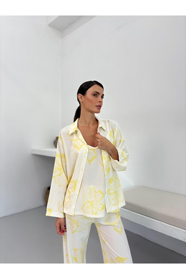 قميص داخلي قطني بنمط زهرة صفراء وحزام قابل للتعديل - 4