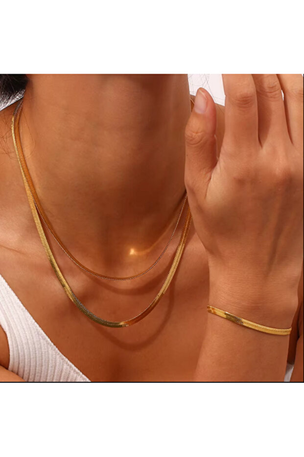 Italian Crushed Chain Gold Steel Tarnish Free 40cm 60cm and Bracelet Triple Set (Boxed)