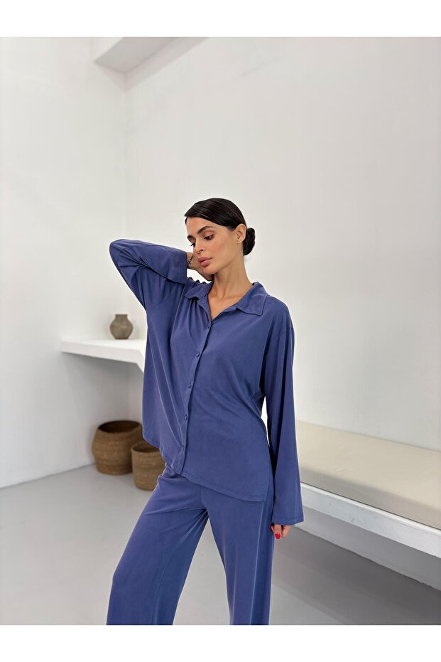 Slit Detail Flowy Indigo Modal Pajama Shirt