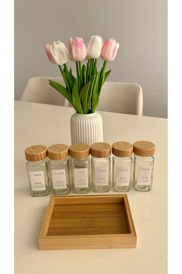 Glass Square Form Spice Rack Set with 6 Stands, Bamboo Lid and Label, Spice Rack Set with Spreader Head - 3