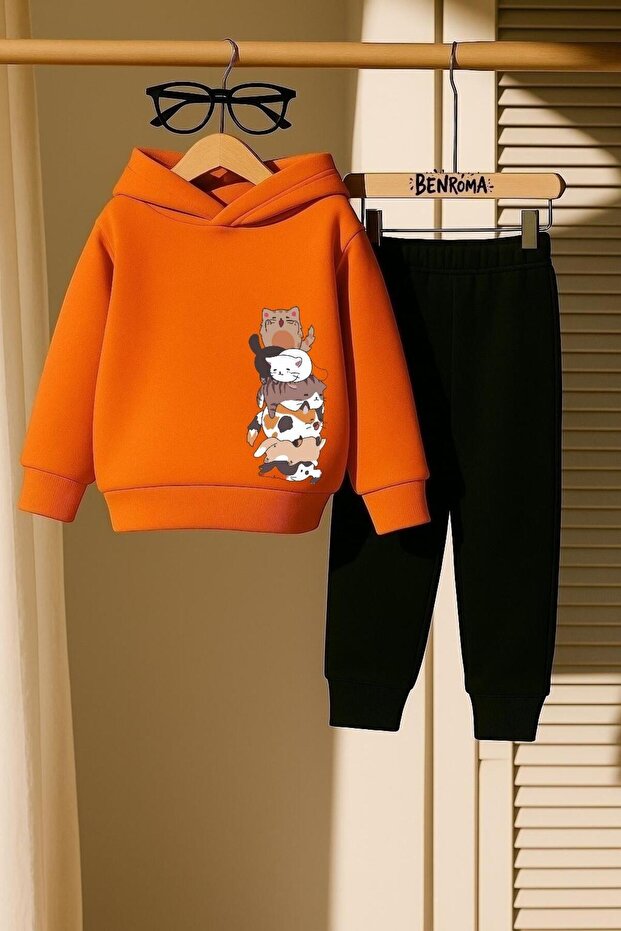 Cats Overlap Printed 3 Thread Children's Tracksuit Set