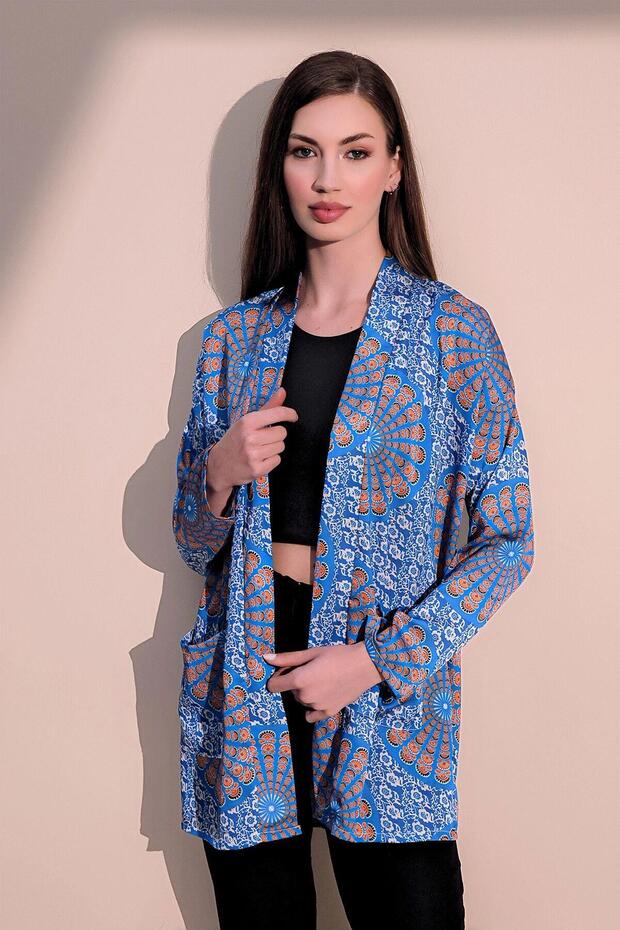 Women's Khaki Safari Pattern New Fashion Satin Double Pocket Loose Kimono Jacket - Suitable for Hijab