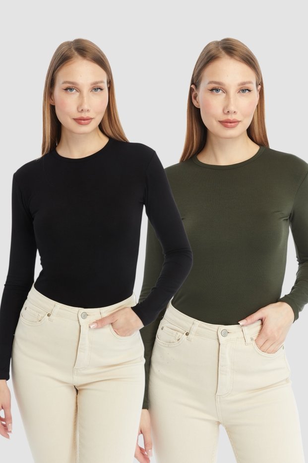 Women's Black Khaki Round Neck 2-Piece Bodysuit