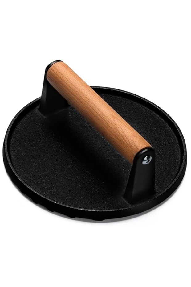 EWFEN Burger Press, 7" Round Heavy-Duty Cast Iron Smash Bacon Press Meat Steak with Wood Handle for Griddle, Sandwich, Nonstick Pan
