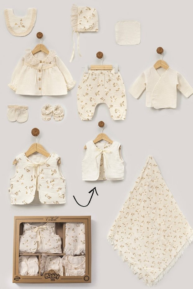 Muslin Floral Embossed Vest Baby Girl Newborn 10 Piece Hospital Release Bodysuit Set