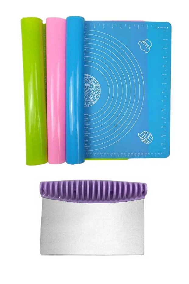 Set of 2 45x65 Cm Silicone Dough Rolling Mat and Steel Spatula Dough Cutter