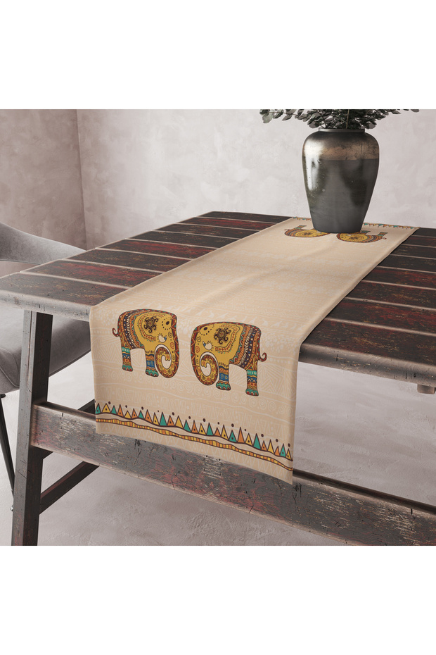 Cream Floor Elephant Themed Premium Thai Feather Fabric Tablecloth Runner 45×100 cm