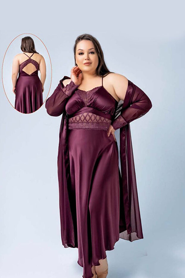 Lace Embroidered Plum Plus Size Nightgown Dressing Gown Set
