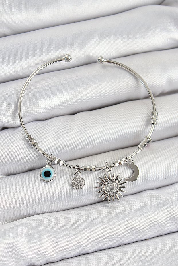 Brass Zircon Stone Sun Moon and Evil Eye Model Silver Color Charm Bracelet - Tj-Bb7346