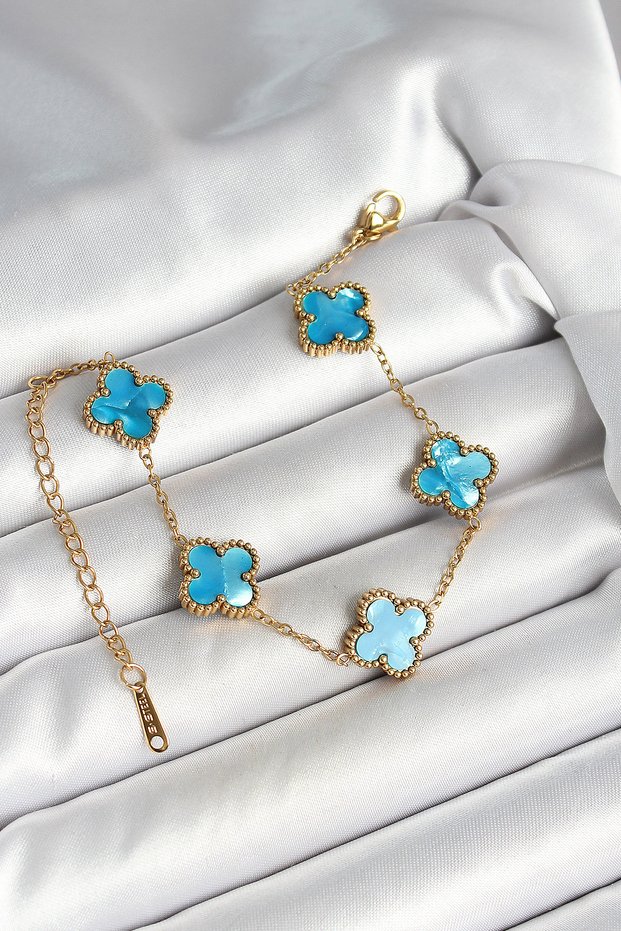 316L Steel Pearlescent Sky Blue Gold Color Clover Women's Bracelet - Tj-Bb6967