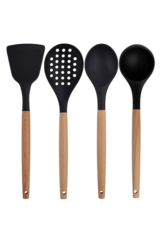 Black Bamboo Silicone Serving Set - Ladle Spoon Colander, Pasta, Angled Flat Spatula, Silicone Tongs 7 Pieces