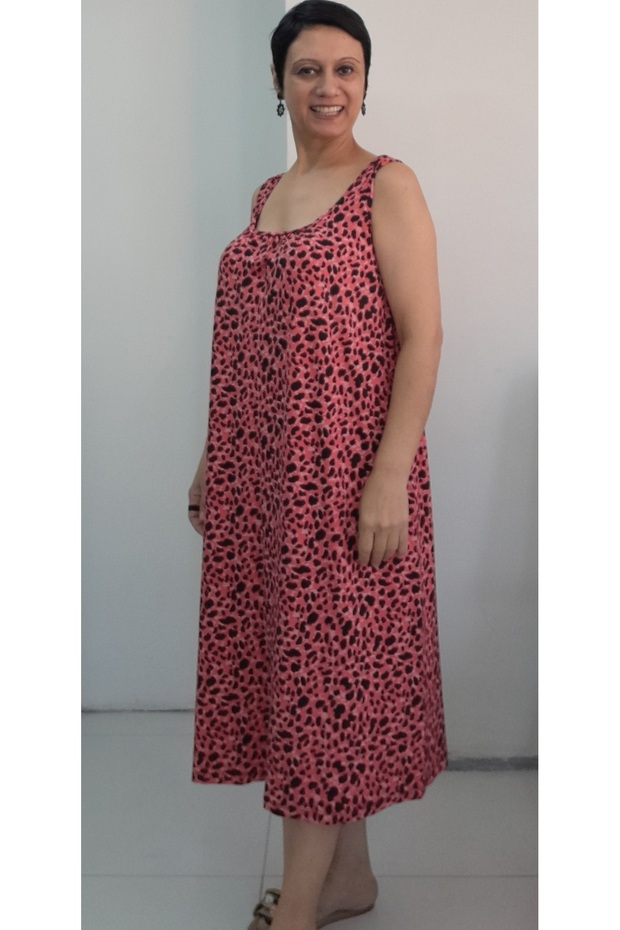 Coral Black Leopard Print Front and Back Gathered Strap Combed Viscose Dress