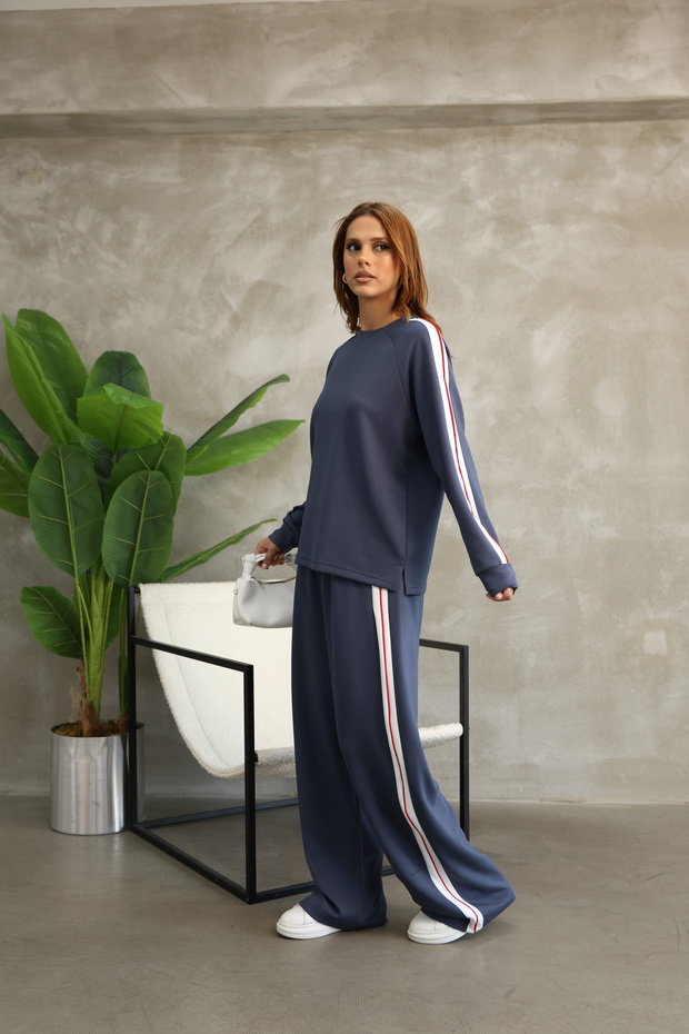 Wide Leg Modal Fabric Tracksuit Set with Piping Stripe Detail