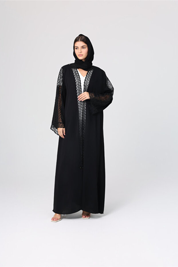 Transparent Sleeves Lace Crystal Abaya