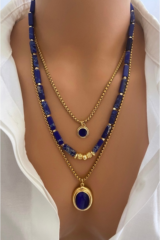 Set of Three Necklaces Steel Chain Natural Stone Navy Blue Varistone Gold Plated Stone End Women's Necklace in Gift Box