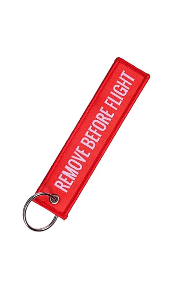 Breloc textil roșu „Remove Before Flight” - 1