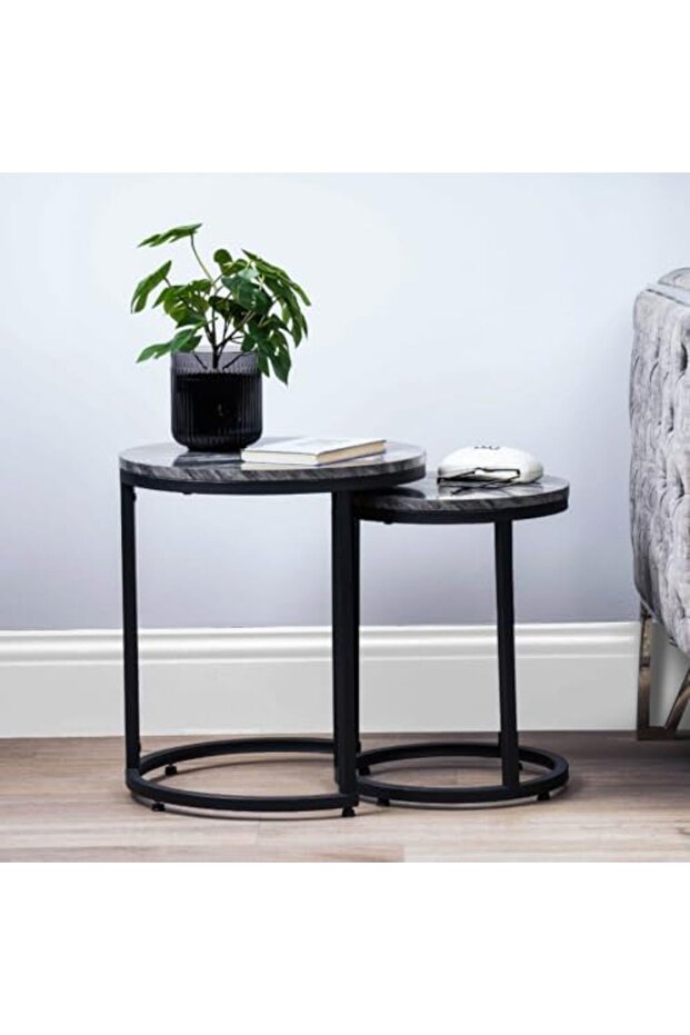 Set of 2 Round Nesting Table for Living Room, MDF Black & White Top Nest of Tables, Me