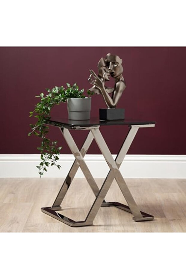 Silver Side Table for Living Room Furniture, 55 cm Smoked Glass Top End Table, Sofa Ta