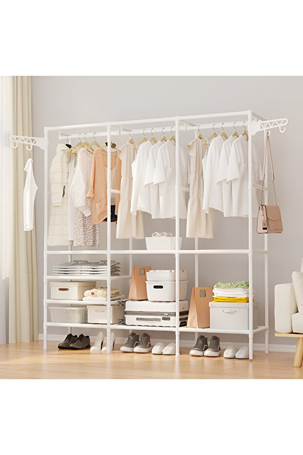 3 Section Metal Cloth Rack with Shelves Multifunctional Garment Wardrobe with 360° Rotatable Hooks