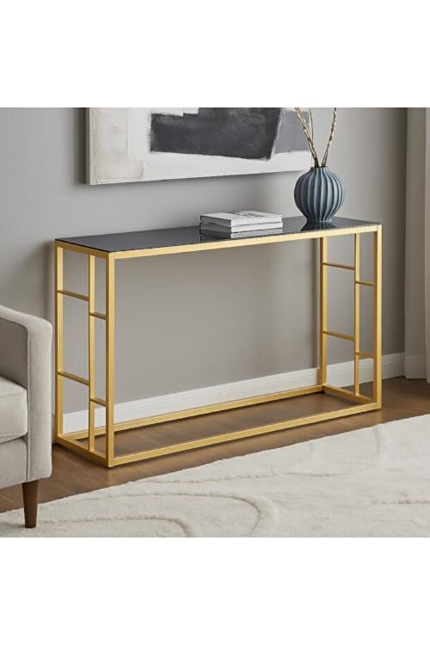 FFD Luxury Console Table with Black Tempered Glass Shelves & Powder-Coated Metal Frame