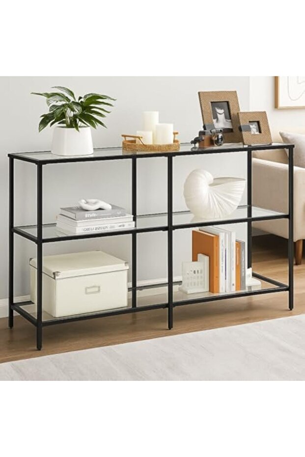 FFD Modern Gold Console Table, 3‑Tier Tempered Glass Entryway Sofa Table – Metal Frame,