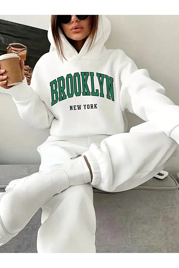 Unisex Men's Women's Brooklyn Printed Oversize 3 Thread Hooded Tracksuit Set