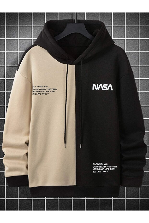 Large Size Beige-Black 'Nasa' Printed 3 Thread Hooded Oversize Pocketless Sweatshirt/Hoodie