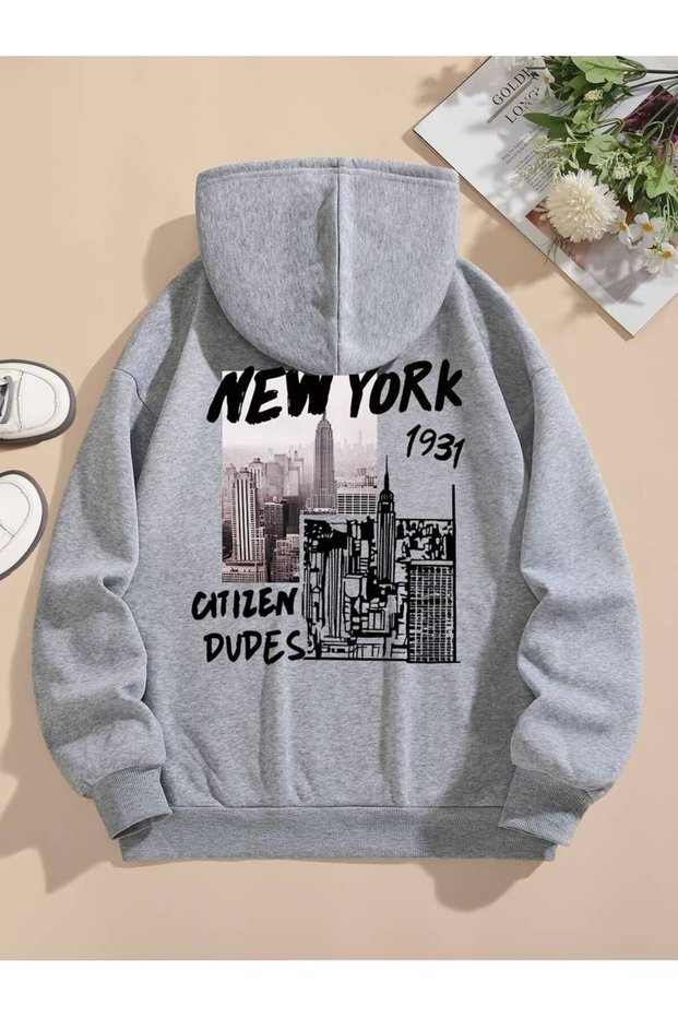 Unisex New York Printed Oversize Winter 3 Thread 100% Cotton Hooded Sweatshirt Hoodie