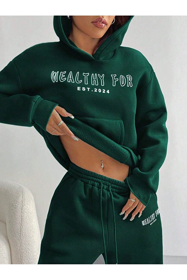 Unisex Men Women Healty for Printed Oversize 3 Thread Hooded Tracksuit Set
