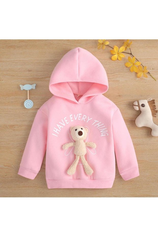 Children's Teddy Bear Detailed Oversize Winter Hooded Sweatshirt Hoodie