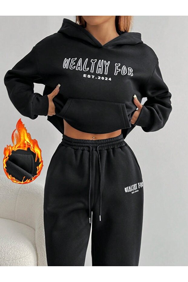 Unisex Men Women Healty for Printed Oversize 3 Thread Hooded Tracksuit Set