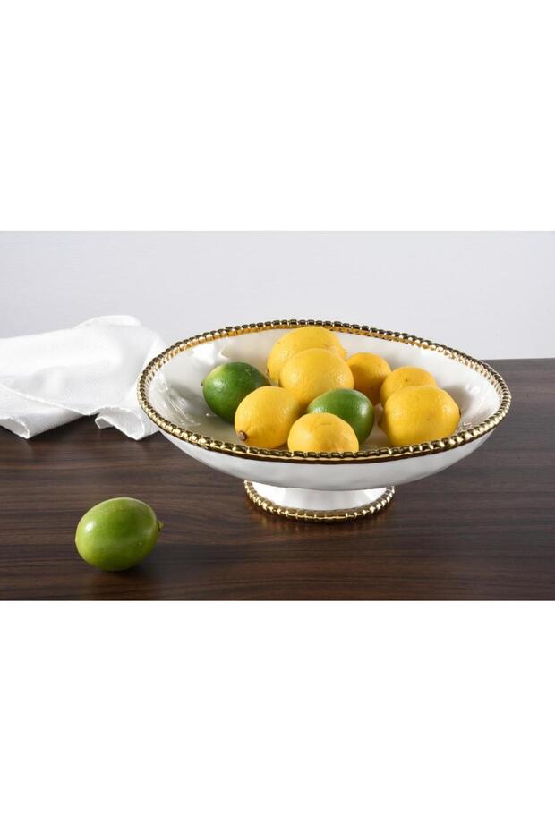 Beth & Lily – Sienna White & Gold Beaded Ceramic Footed Bowl | Luxury Table Centrepiece | Eid UAE GCC