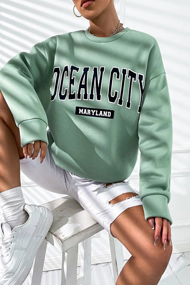 Plus Size Crew Neck Ocean City Maryland Printed Sweatshirt Water Green