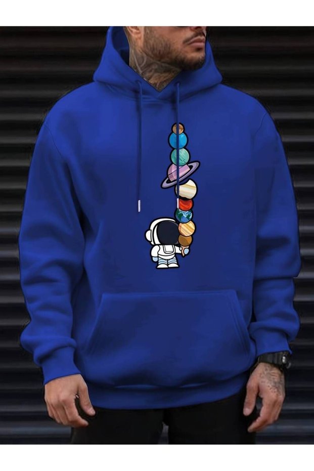 Unisex Astronaut and Planets Printed Oversized Winter 3 Thread 100% Cotton K Hooded Sweatshirt Hoodie