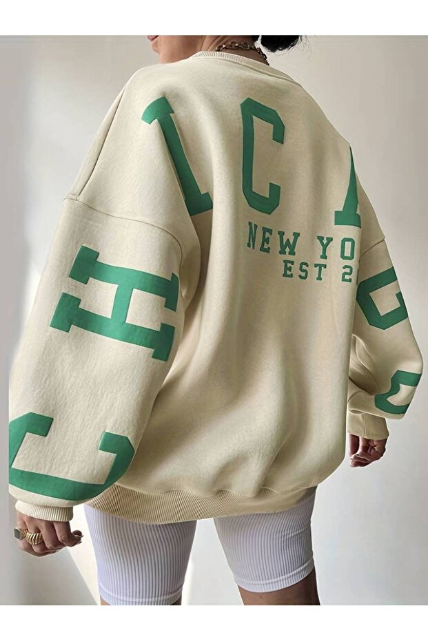 Unisex Plus Size Chicago Printed Crew Neck Oversize Sweatshirt Hoodie